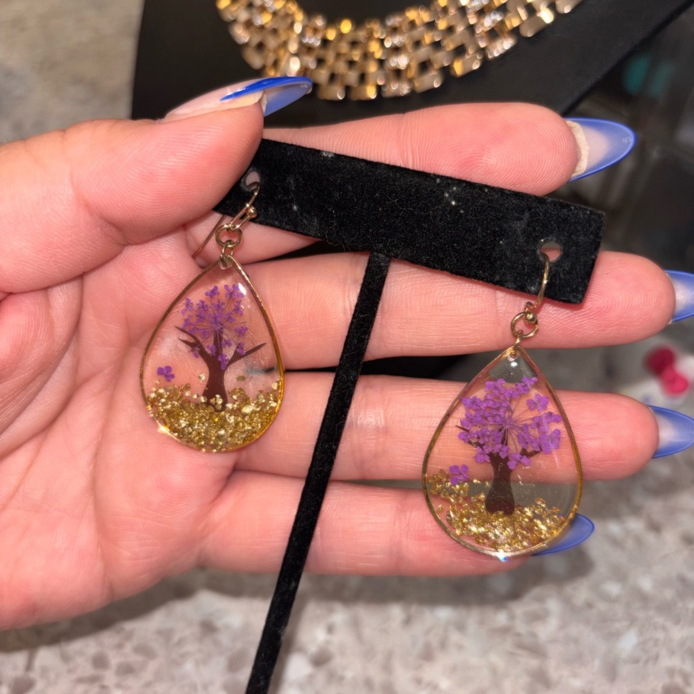 Handmade Purple Blossom Teardrop Resin Earrings - Gold Flake Accents